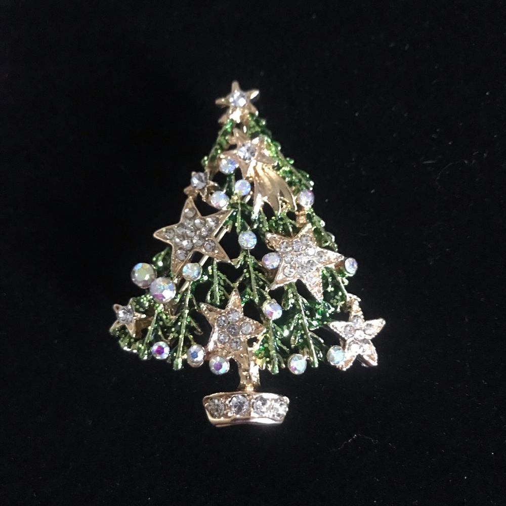 Festive Green Crystal Christmas Tree Brooch
